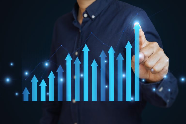 Hand,Is,Touching,Arrows,Pointing,Up,With,Graph,As,A